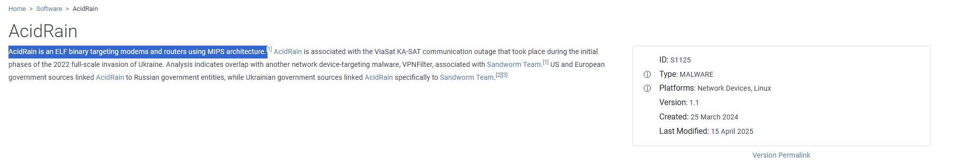 MITRE ATT&CK AcidRain software page